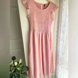 NWT Pink Smocked Flutter Sleeve Midi Dress Cottage Fit Flare Ruffle Coquette